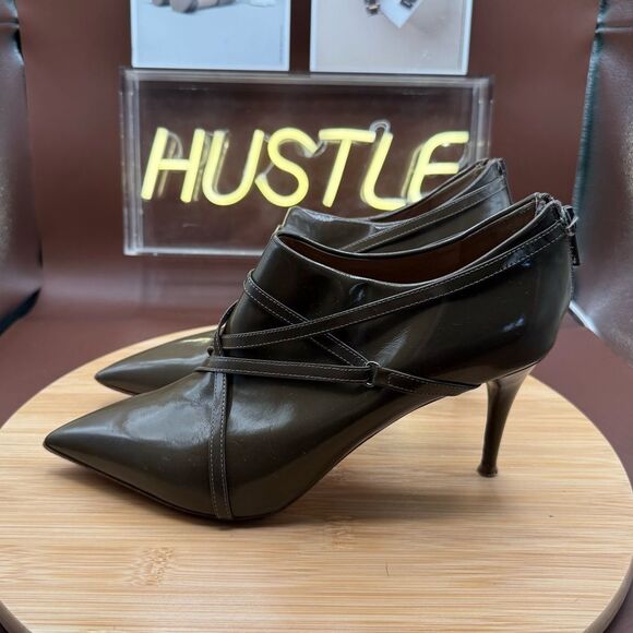 CHLOE Leather Point Toe Heel Booties Army Green Size 7.5 - Picture 4 of 11